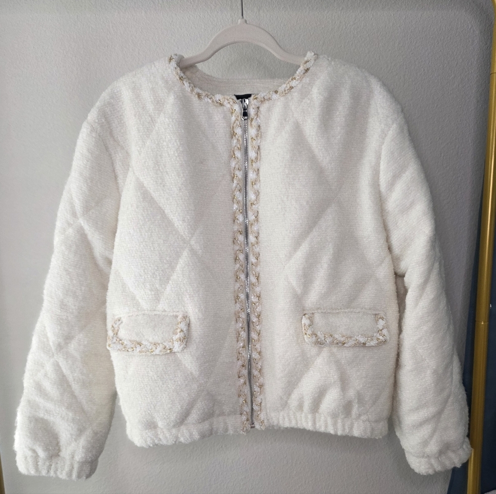 VICI Cream Quilted Bouclé Zip Jacket with Braided Trim